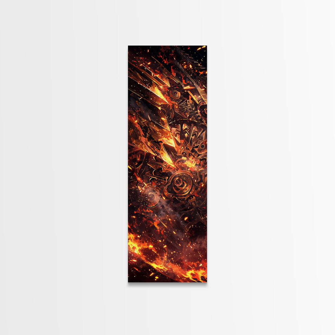 Fiery Mechanical Gears And Sparks Wall Art, Abstract African Inspired Industrial Canvas Print, Bold Orange Black Decor Gift