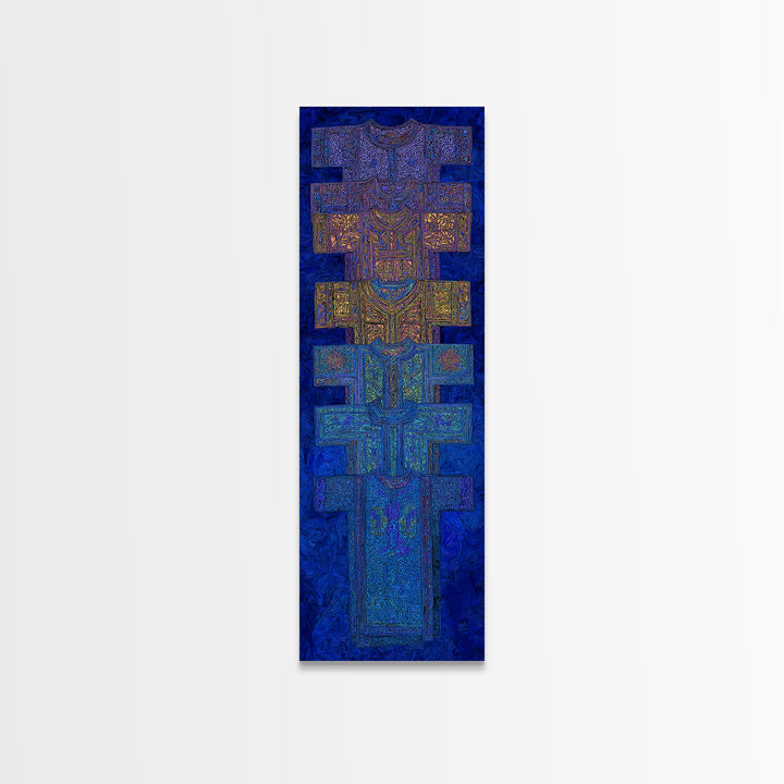 Blue Purple Tribal Cross Totem Wall Art, African Mask Inspired Canvas Print, Afrocentric Geometric Decor, Bold Home Gift