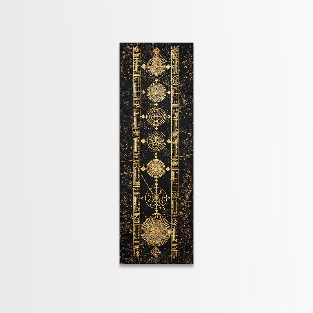 Gold Celestial Circles And Glyphs Wall Art, African Abstract Canvas Print, Black Gold Geometric Decor, Spiritual Home Gift