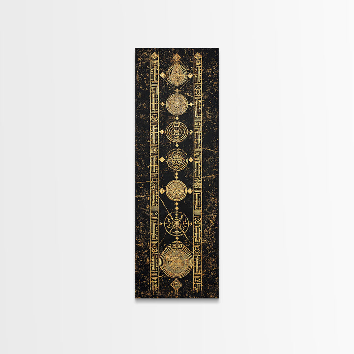 Gold Celestial Circles And Glyphs Wall Art, African Abstract Canvas Print, Black Gold Geometric Decor, Spiritual Home Gift