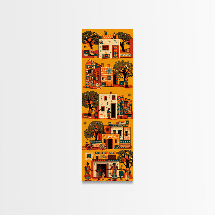 Orange African Village Houses And Trees Wall Art, African Folk Canvas Print, Cultural Home Decor, Afrocentric Travel Gift