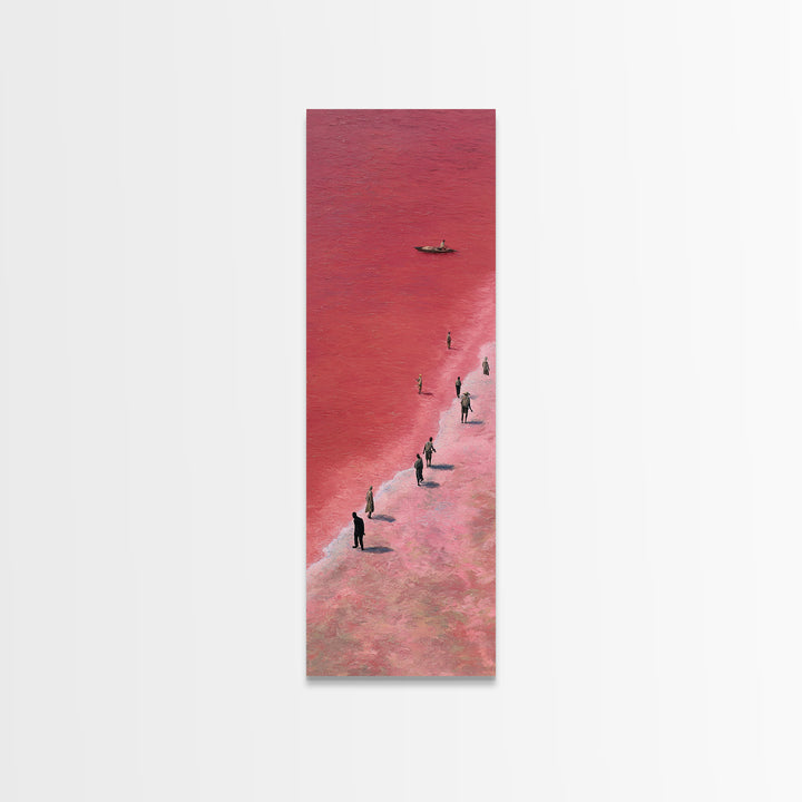Pink African Salt Lake Shore With Fishermen Wall Art, Lake Retba Landscape, Coastal Boat Print, Serene Travel Home Decor Gift