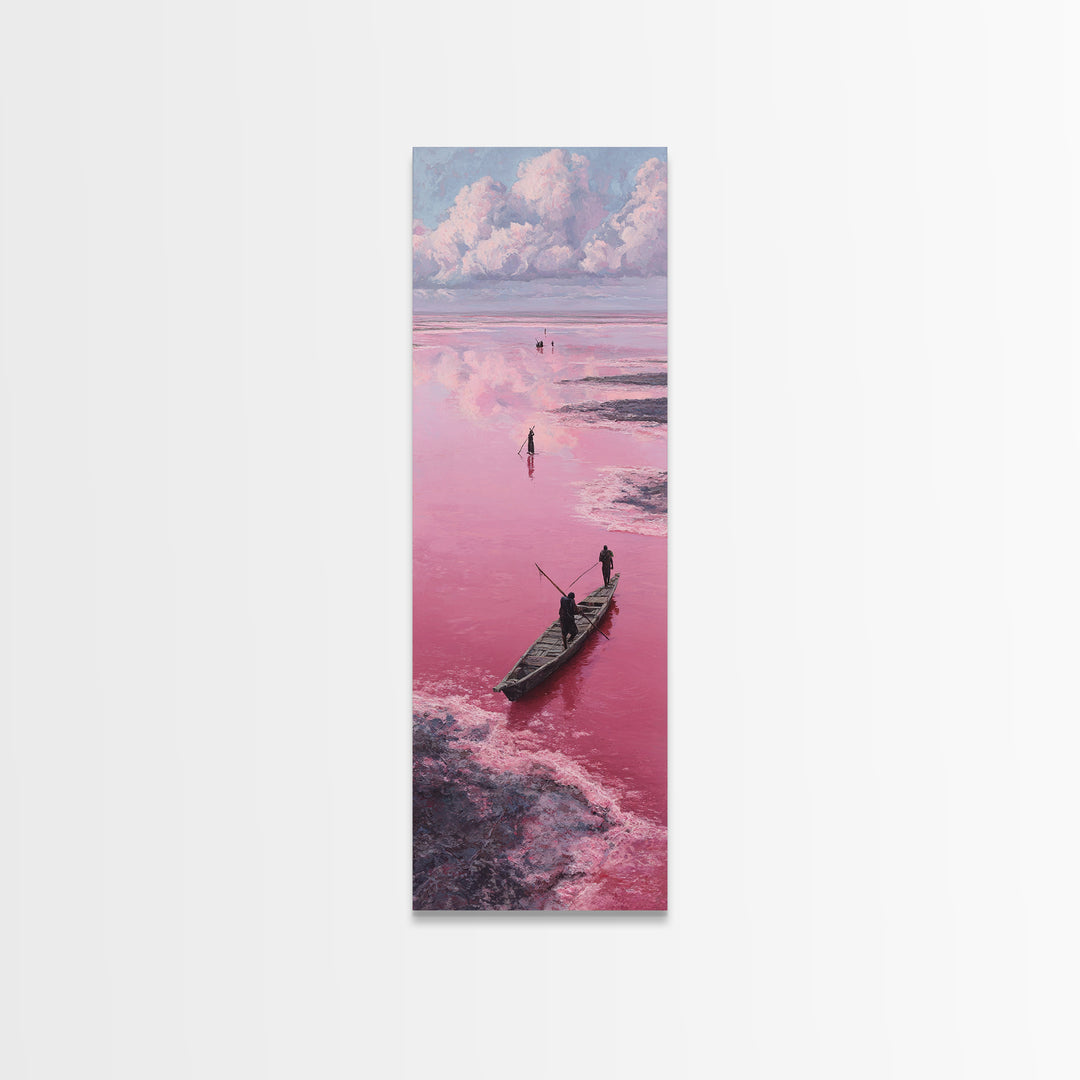 Dreamy Pink African Lagoon With Wooden Boat Canvas Print, Lake Retba Fisherman Scene, Coastal Landscape Wall Decor Gift Art