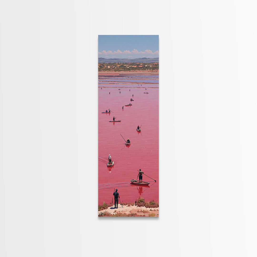 Pink African Lake With Boats And Salt Workers Framed Canvas Print, Lake Retba Landscape, Vibrant Travel Wall Decor Gift Art