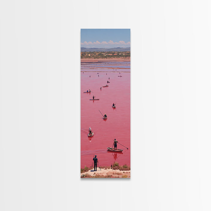 Pink African Lake With Boats And Salt Workers Framed Canvas Print, Lake Retba Landscape, Vibrant Travel Wall Decor Gift Art