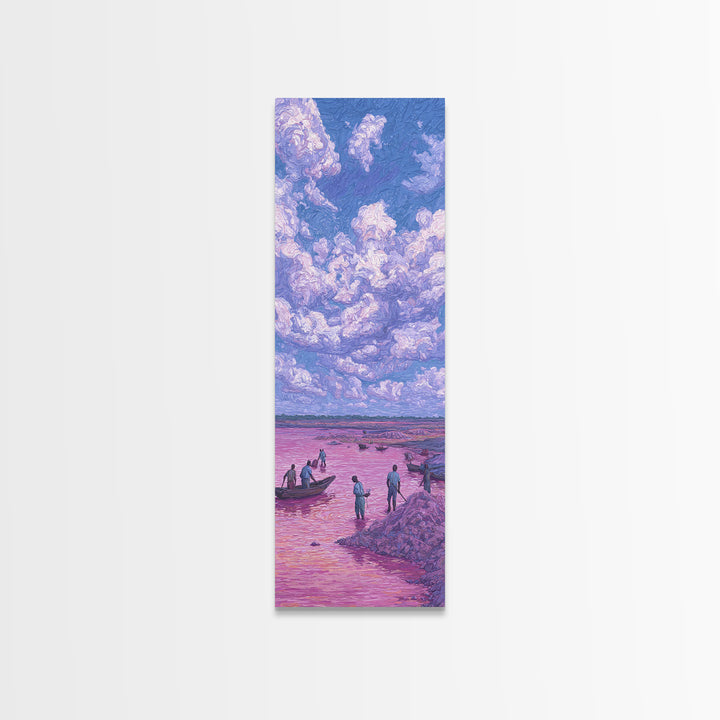 Purple Storm Clouds Over Pink African Lake Canvas Print, Fishermen Boat Landscape, Dreamy Nature Scene Art For Home Decor