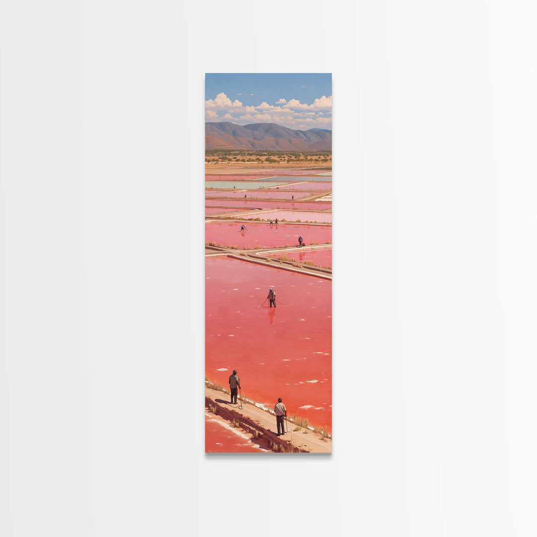 African Pink Salt Ponds With Mountains Wall Art, Lake Retba Workers Landscape Print, Vibrant Travel Decor For Living Room