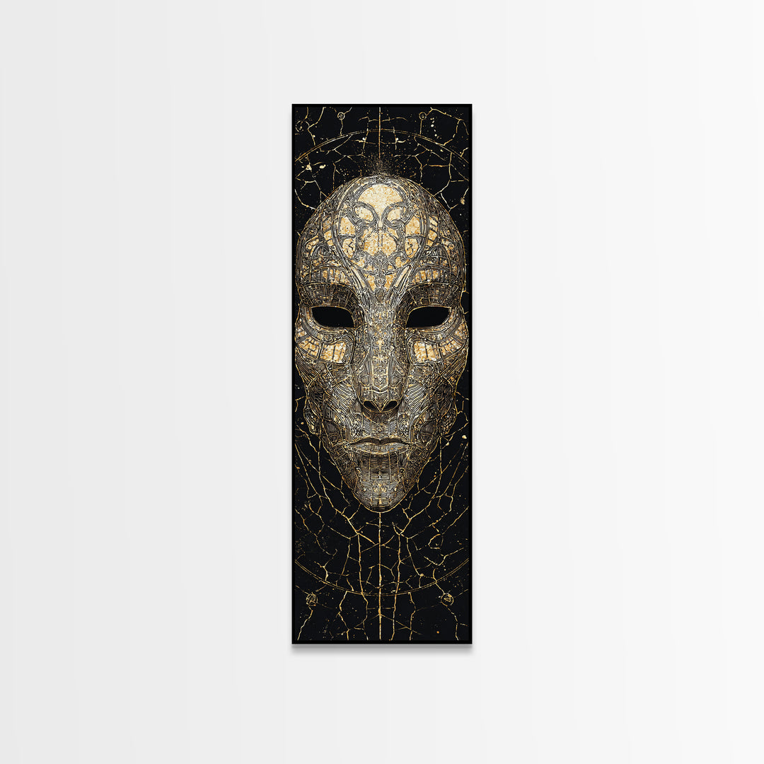 Gold And Black African Tribal Mask Canvas Print, Mystical Face Artwork, Afrocentric Wall Decor, Bold Cultural Home Decor