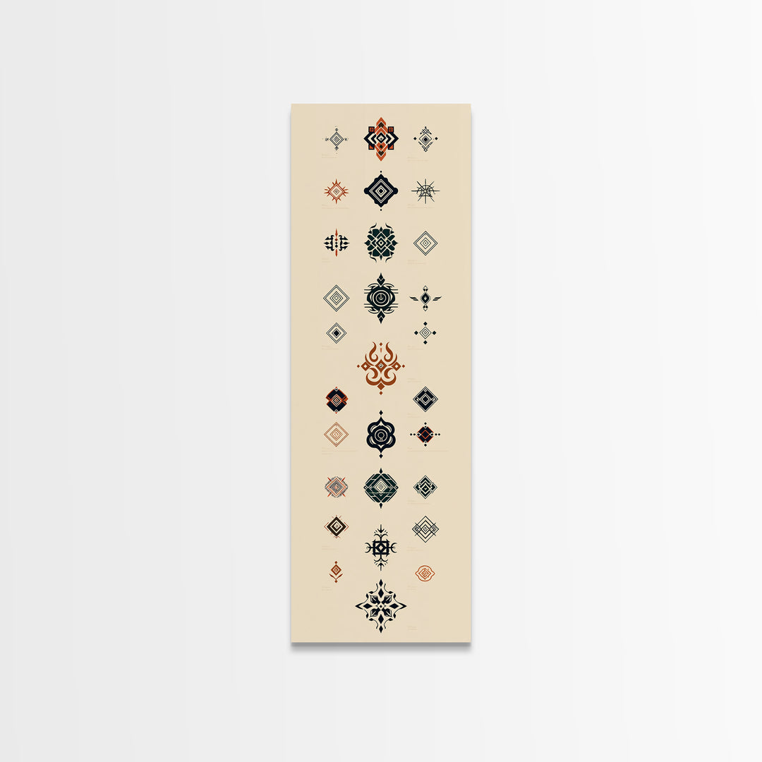 Minimal African Pattern Wall Art, Boho Tribal Symbols, Beige Orange Navy Motifs, Afrocentric Textile Inspired Canvas Print