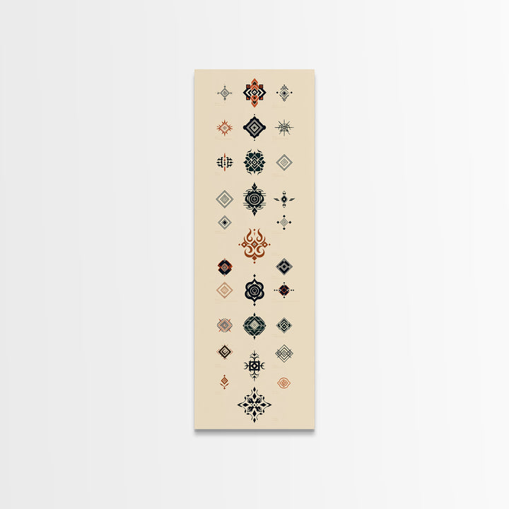 Minimal African Pattern Wall Art, Boho Tribal Symbols, Beige Orange Navy Motifs, Afrocentric Textile Inspired Canvas Print