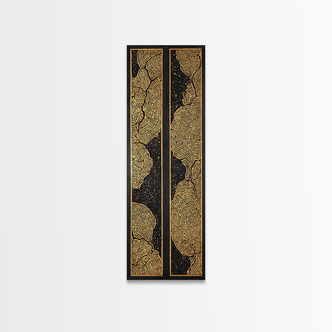 Gold Black African City Map Canvas Print, Diptych Style Tribal Pattern Wall Art, Geometric Luxury Home Decor Statement Piece