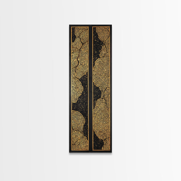Gold Black African City Map Canvas Print, Diptych Style Tribal Pattern Wall Art, Geometric Luxury Home Decor Statement Piece