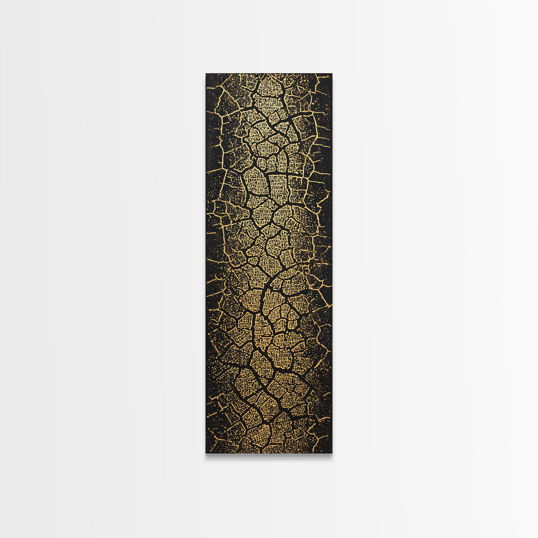 Gold On Black Abstract Map Wall Art, Tribal Maze Texture Canvas Print, African Inspired Geometric Statement Decor For Home