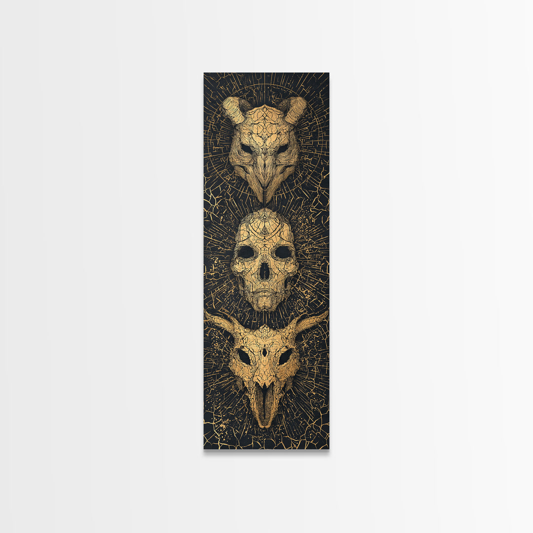 Golden Animal Skull Totem Wall Art, Dark Gothic Canvas Print, Tribal Mystical Home Decor, Unique Occult Statement Poster Gift