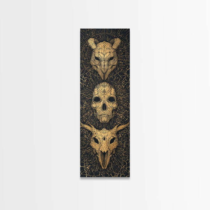 Golden Animal Skull Totem Wall Art, Dark Gothic Canvas Print, Tribal Mystical Home Decor, Unique Occult Statement Poster Gift