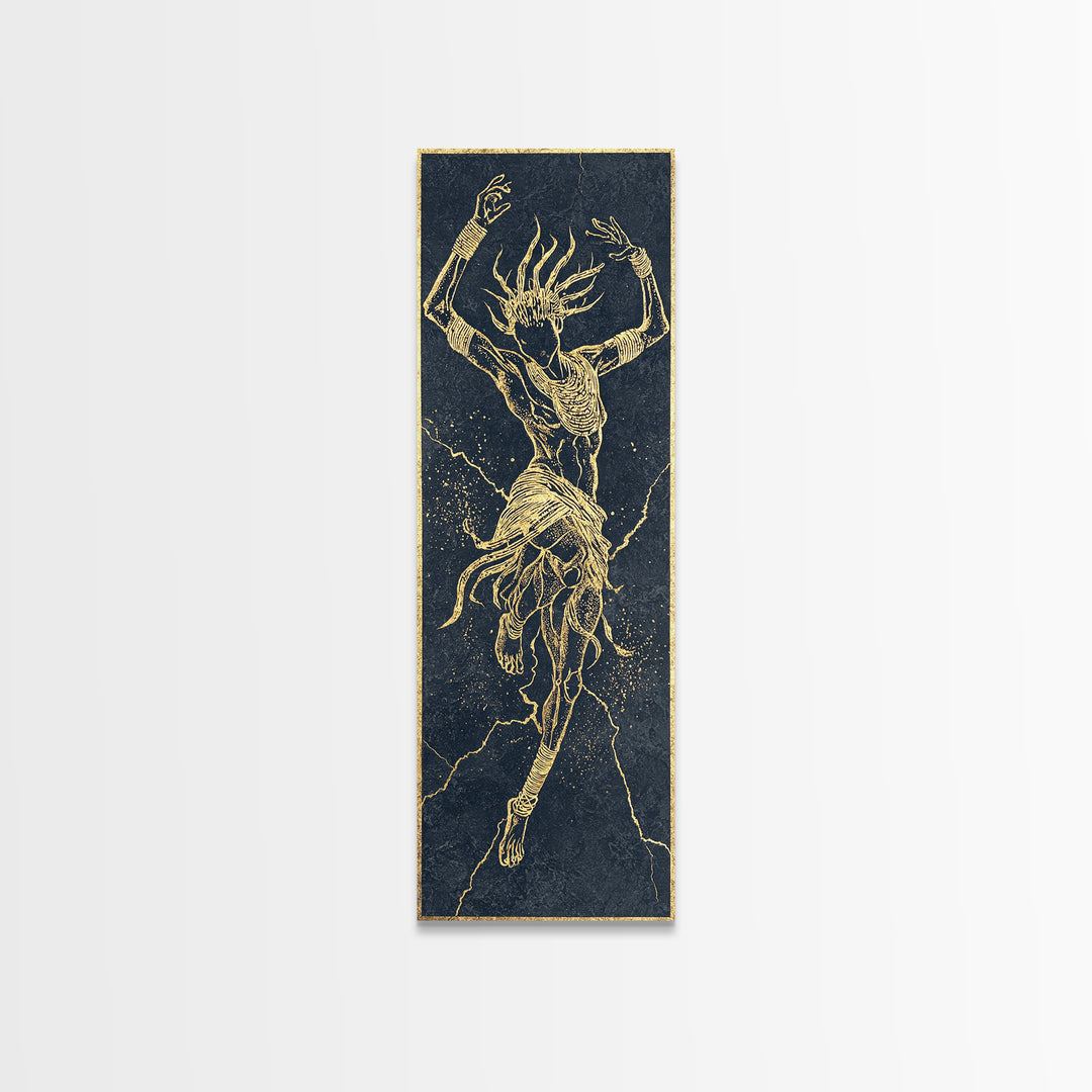 Golden Spirit Dancer Framed Canvas Print, Abstract African Woman Art, Mystical Black And Gold Tribal Wall Decor For Bedroom