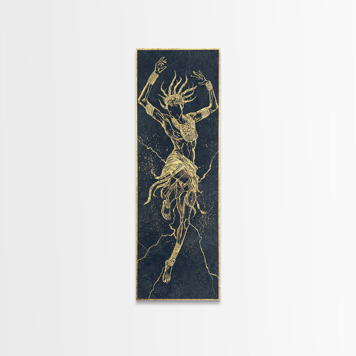 Golden Spirit Dancer Framed Canvas Print, Abstract African Woman Art, Mystical Black And Gold Tribal Wall Decor For Bedroom