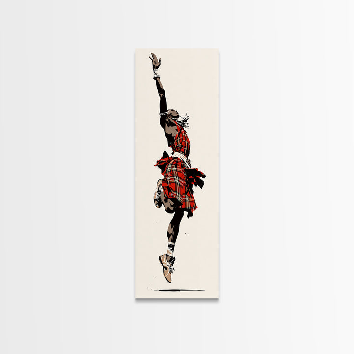 Leaping Maasai Warrior Canvas Print, African Tribal Dance Wall Art, Red Fabric Culture Decor For Bold Modern Living Room Decor