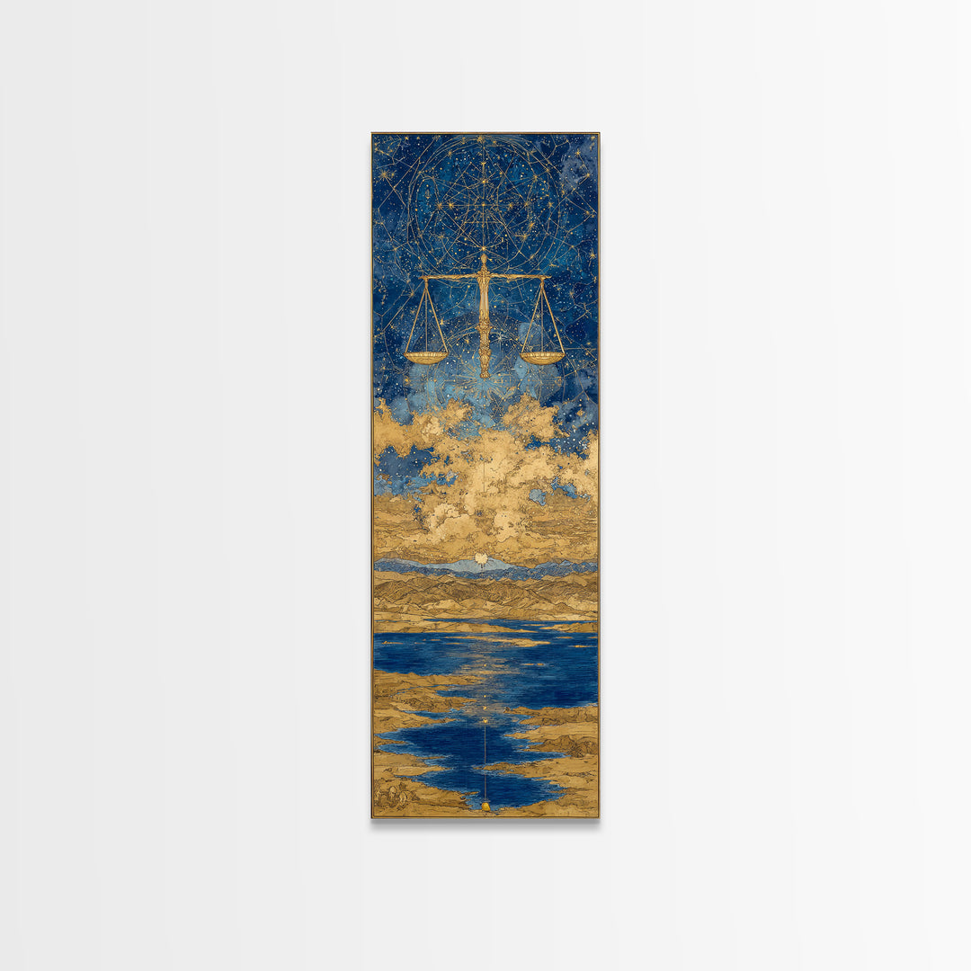 Golden Libra Scales Wall Art, Celestial Zodiac Canvas Print, Blue Ocean Astrology Decor For Modern Bedroom And Living Room Decor Gift