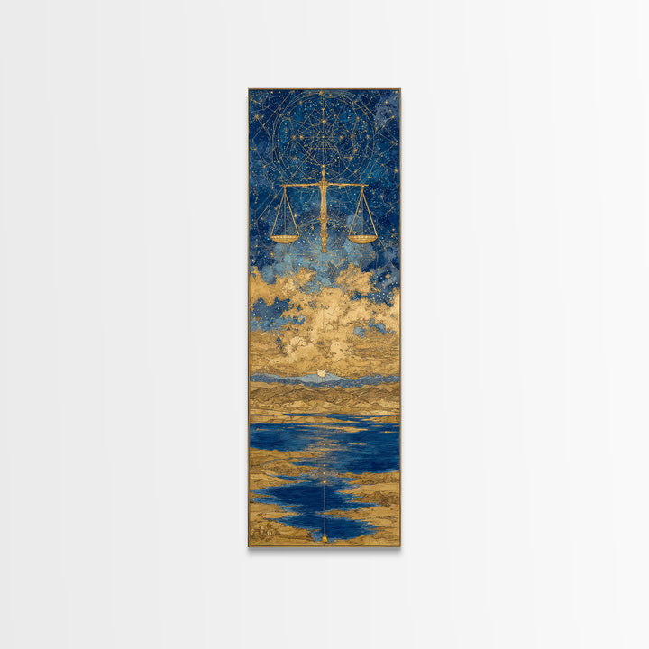 Golden Libra Scales Wall Art, Celestial Zodiac Canvas Print, Blue Ocean Astrology Decor For Modern Bedroom And Living Room Decor Gift