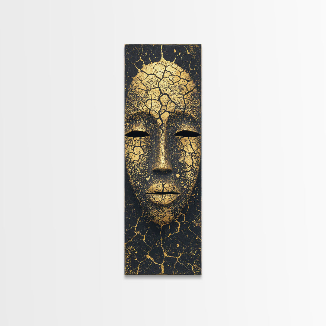 Cracked Gold African Mask Wall Art, Abstract African Portrait Canvas Print, Black And Gold Tribal Decor For Modern Home Gift