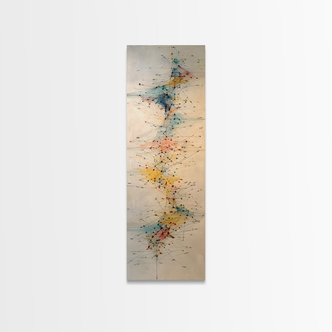 Delicate Abstract Network Wall Art, Teal Red Yellow Line Painting Canvas Print, Modern Minimalist Office Decor Gift For Home
