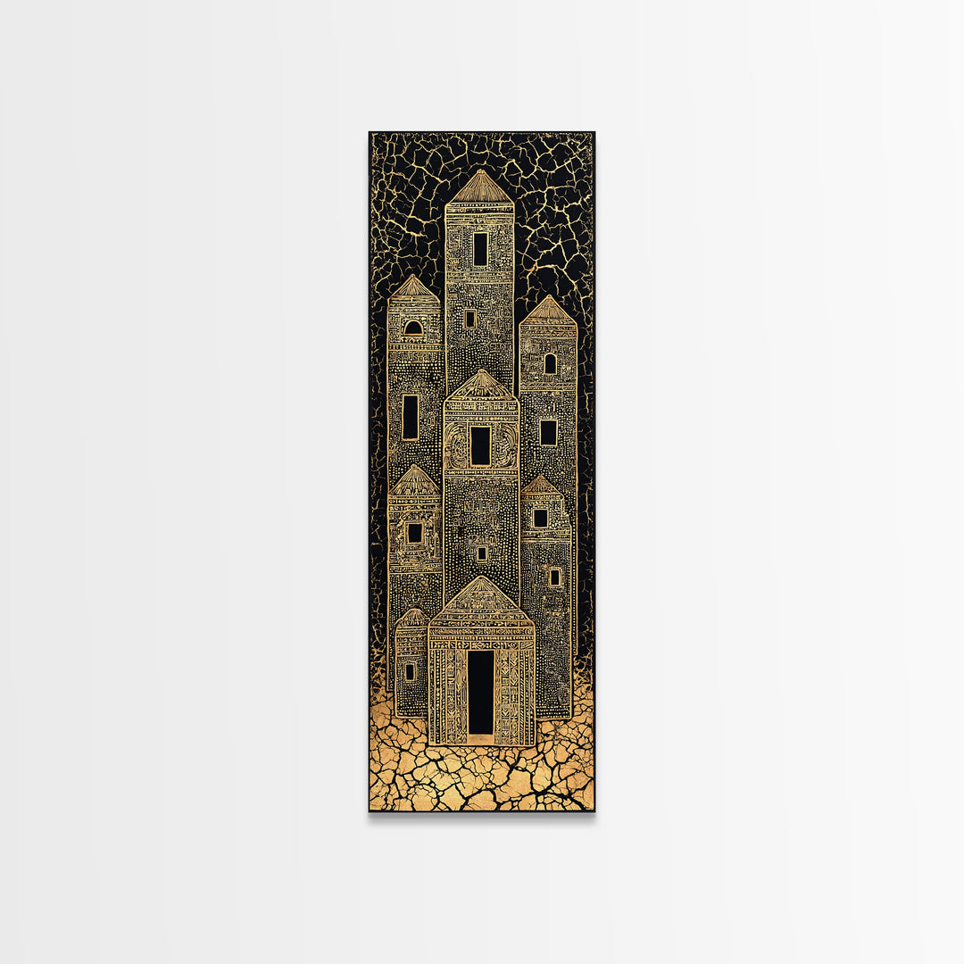 Gold Tribal Desert Towers Wall Art, Black African Architecture Canvas Print, Ancient Village Pattern Home Decor Gift For Him
