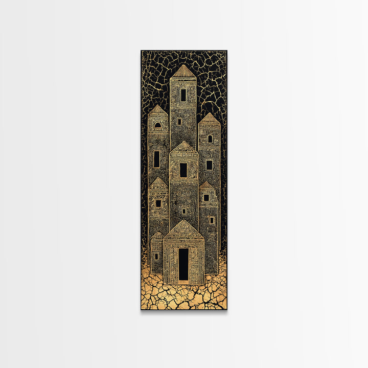 Gold Tribal Desert Towers Wall Art, Black African Architecture Canvas Print, Ancient Village Pattern Home Decor Gift For Him