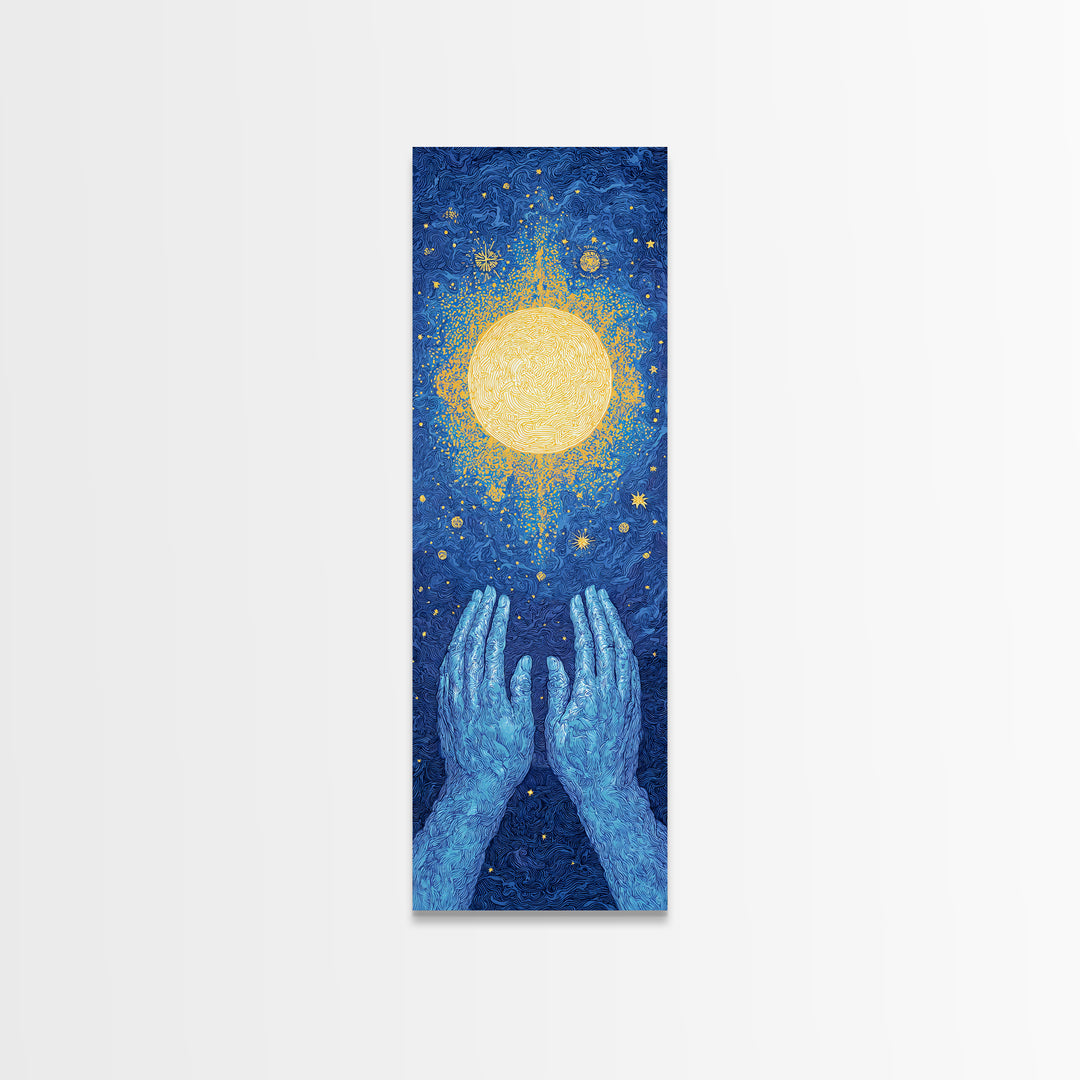 Glowing Celestial Sun Between Blue Hands Wall Art, Spiritual Wall Art, Mystical Wall Art, Starry Blue Home Decor Gift Idea