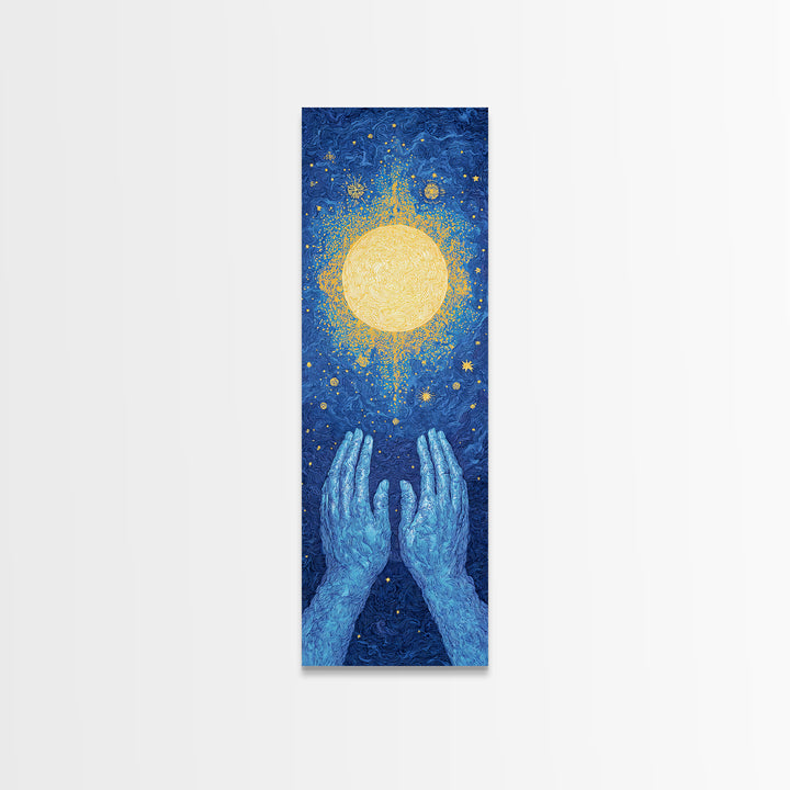 Glowing Celestial Sun Between Blue Hands Wall Art, Spiritual Wall Art, Mystical Wall Art, Starry Blue Home Decor Gift Idea