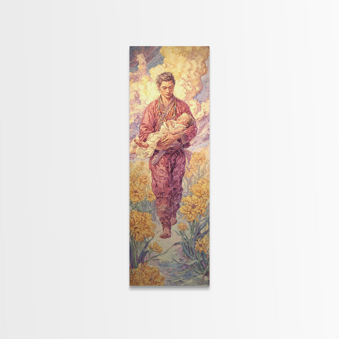 Gentle Shepherd Carrying Lamb Through Golden Flowers Framed Canvas Print, Spiritual Wall Art, Painting, Meaningful Gift For Home