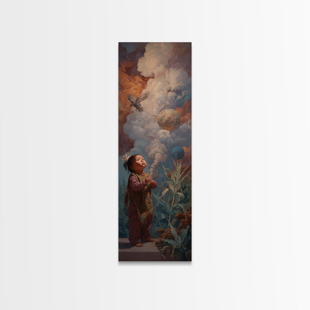 Wondering Child Beneath Cloud Birds And Planets Canvas Print, Dreamy Wall Art, Nature Scene Art, Unique Home Decor Gift Idea