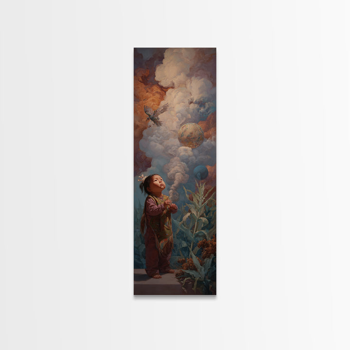 Wondering Child Beneath Cloud Birds And Planets Canvas Print, Dreamy Wall Art, Nature Scene Art, Unique Home Decor Gift Idea