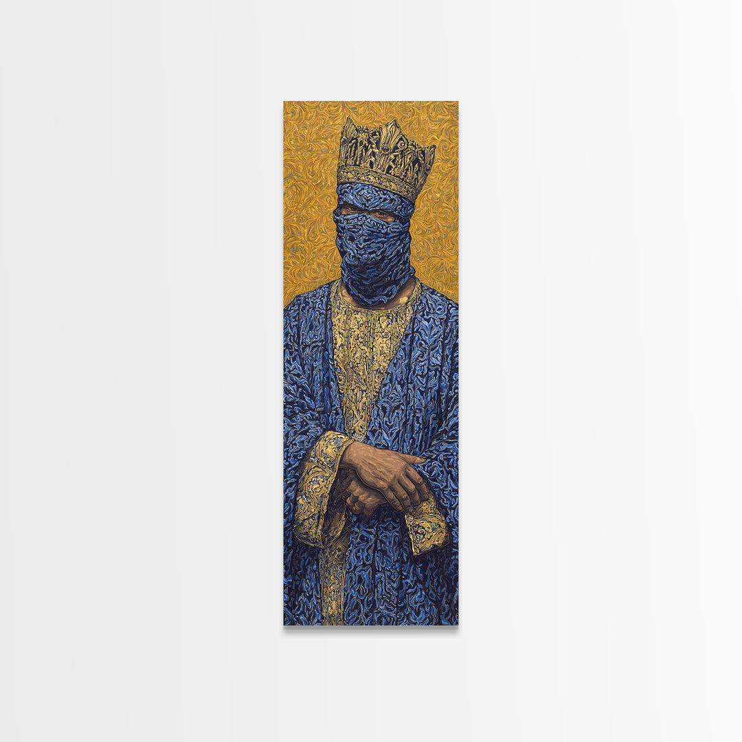Masked African King In Blue And Gold Framed Canvas Print, Royal Portrait Wall Art, Luxury Afrocentric Cultural Home Decor