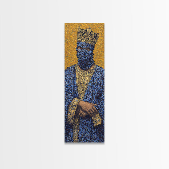 Masked African King In Blue And Gold Framed Canvas Print, Royal Portrait Wall Art, Luxury Afrocentric Cultural Home Decor
