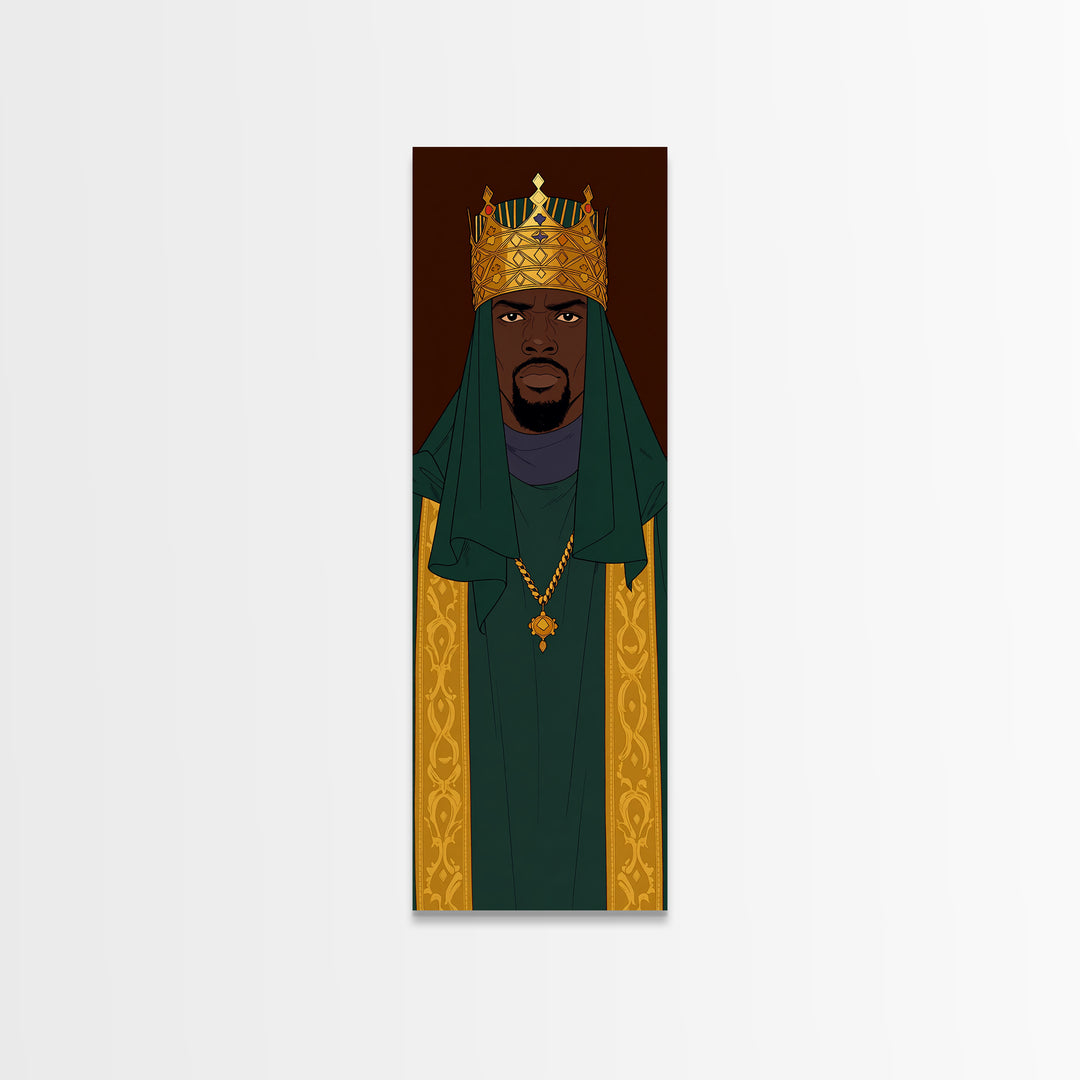 Green Veiled African King With Gold Crown Canvas Print, Black Man Portrait Wall Art, Royal Afrocentric Home Decor Gift For Him