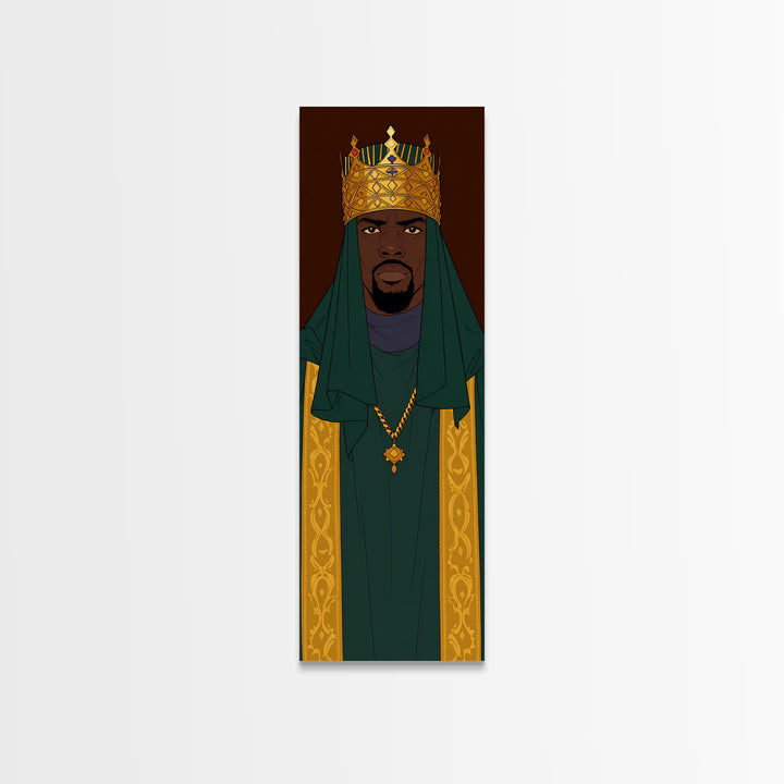 Green Veiled African King With Gold Crown Canvas Print, Black Man Portrait Wall Art, Royal Afrocentric Home Decor Gift For Him