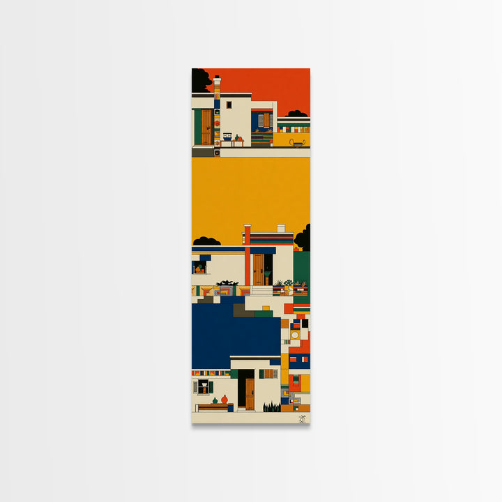 Colorful African Village Houses Wall Art, Geometric Architecture Canvas Print, Afrocentric Home Decor, Modern Tribal Poster