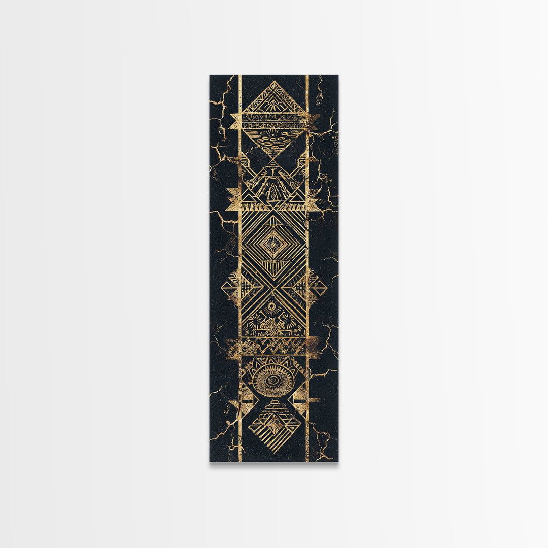Gold Geometric Tribal Totem Wall Art, Abstract African Canvas Print, Black And Gold Decor, Ethnic Pattern Statement Poster