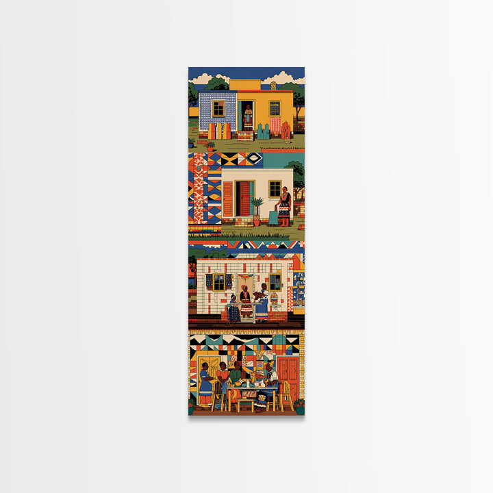 Vibrant African Village Homes Wall Art, Colorful Canvas Print, Folk Culture Poster, Patterned Houses And People Decor Gift