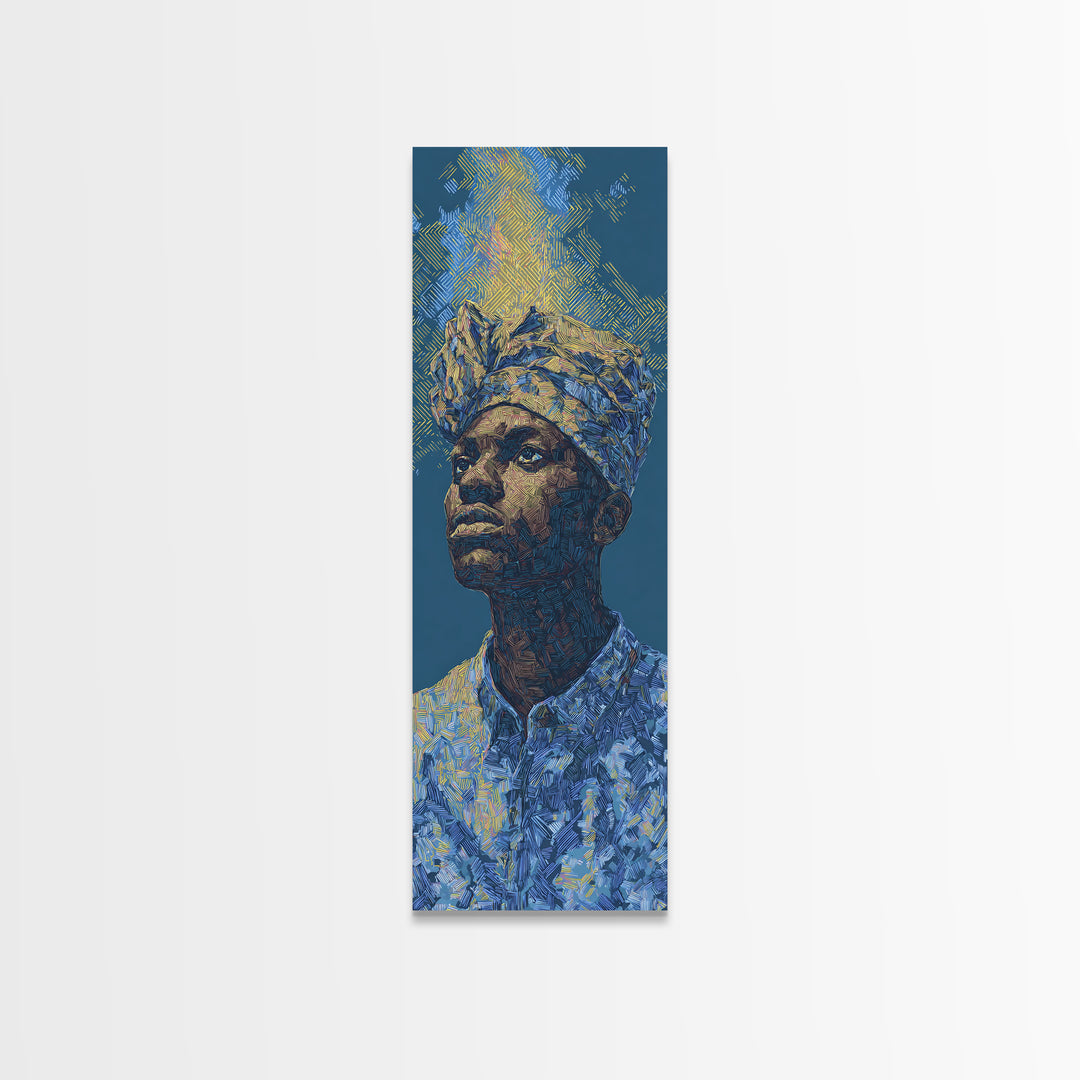 Regal African Man Portrait Wall Art, Blue Gold Framed Canvas Print, Afrocentric Black Culture Decor, Modern Art Gift For Him