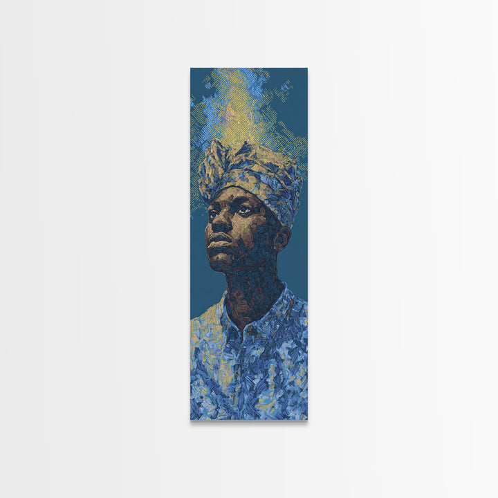 Regal African Man Portrait Wall Art, Blue Gold Framed Canvas Print, Afrocentric Black Culture Decor, Modern Art Gift For Him