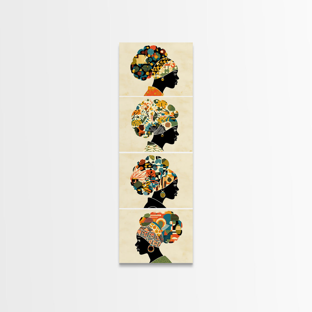 Four Floral Headwrap African Women Wall Art, Black Woman Silhouette Canvas Print, Afrocentric Ankara Decor Art Gift For Her