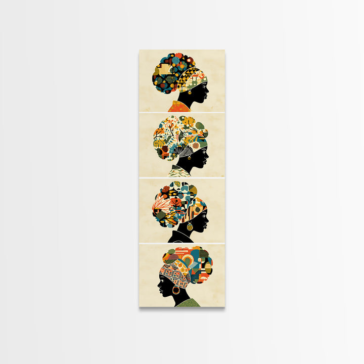 Four Floral Headwrap African Women Wall Art, Black Woman Silhouette Canvas Print, Afrocentric Ankara Decor Art Gift For Her