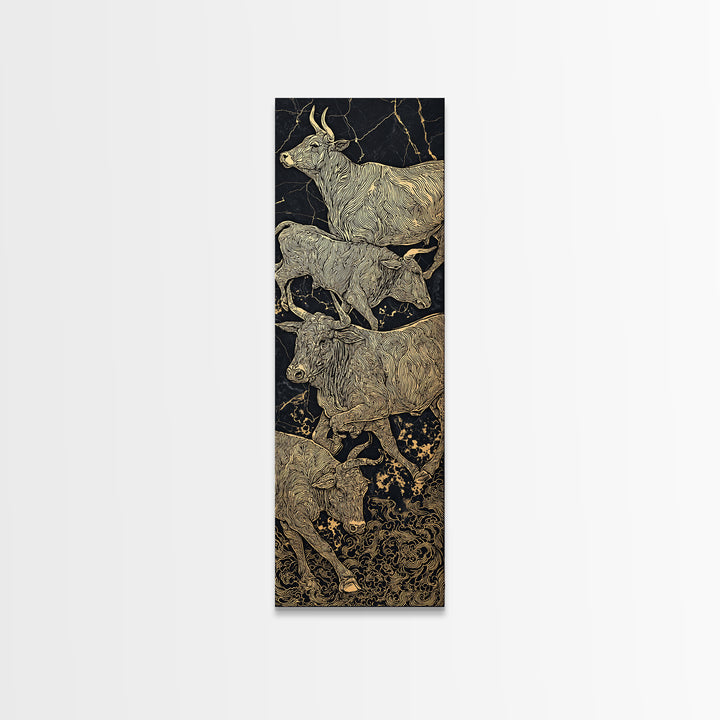 Gold Line African Cattle On Black Marble Framed Canvas Print, Tribal Animal Wall Decor, Luxury Safari Farmhouse Art Gift