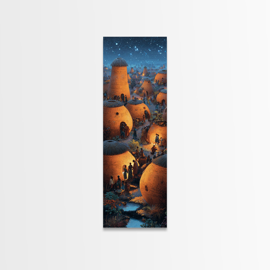 Glowing African Village At Starlit Night With Clay Huts Canvas Print, Afrocentric Wall Decor, Magical Motherland Home Art