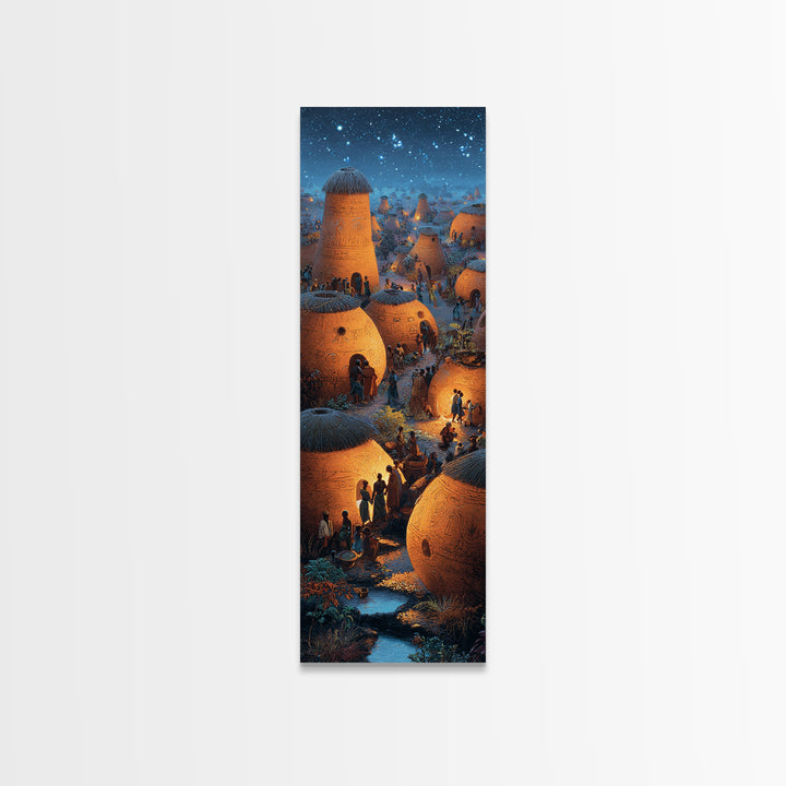 Glowing African Village At Starlit Night With Clay Huts Canvas Print, Afrocentric Wall Decor, Magical Motherland Home Art