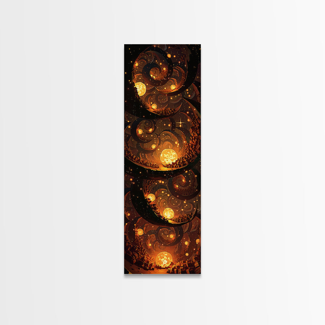 Golden Spiral Suns In A Mystical Night Sky, Canvas Print, Abstract Wall Art, Spiritual Decor, Bohemian Home Decor Gift For Bedroom