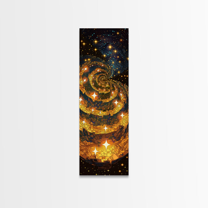 Golden Galaxy Spiral With Starry Night Lights, Canvas Print, Abstract Wall Art, Celestial Decor, Modern Statement Artwork