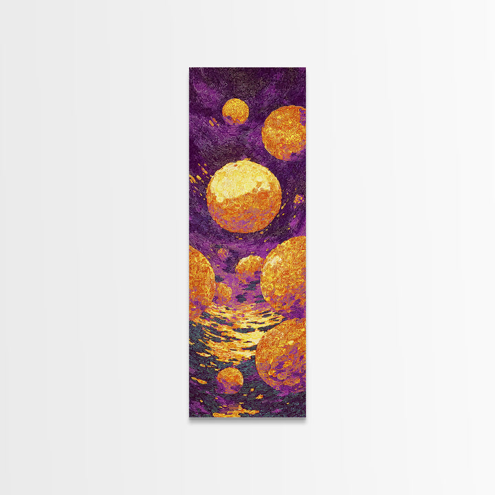 Floating Golden Planets Over Purple Cosmic Water, Canvas Print, Abstract Wall Art, Vibrant Decor, Unique Home Decor Gift